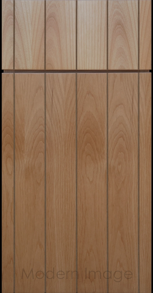 Front view of a Brooklyn style Grooved Flat Panel Cabinet Door and Drawer finished in Honey Stain.